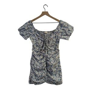 BSB Fashion Ruched Mini Dress Bubble Sleeve Dainty Feminine Blue Floral Large‎